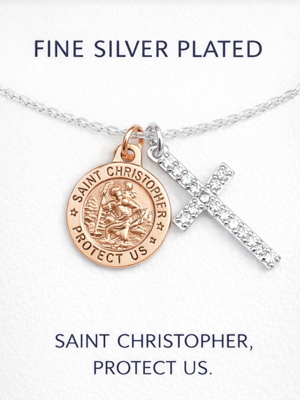 Macy's Two-Tone Silver and Rose Gold Plated Saint Christopher Necklace NWT
